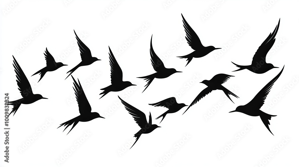 A flock of flying swallows, bird silhouettes in the sky. Wild Birds Unlimited: bird food, feeders, and feeding. A flock of flying swallows, bird silhouettes in the sky. Wild Birds Unlimited: bird food, feeders, and feeding.