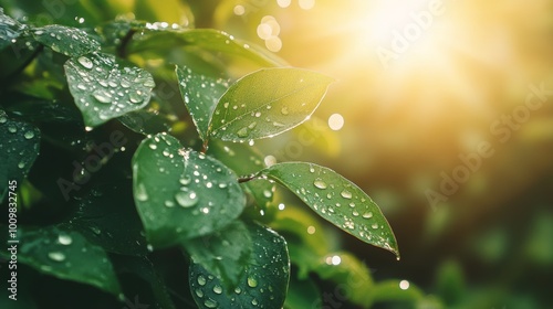 Beautiful large drop morning dew in nature, selective focus. Drops of clean transparent water on leaves. Sun glare in drop. Image in green tones. Spring/summer natural background
