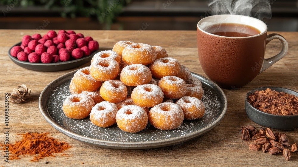 Delicious Mini Donuts with Powdered Sugar and Coffee - Perfect Morning Treat with Chocolate and Spices for Sweet Lovers Delicious Mini Donuts with Powdered Sugar and Coffee - Perfect Morning Treat with Chocolate and Spices for Sweet Lovers
