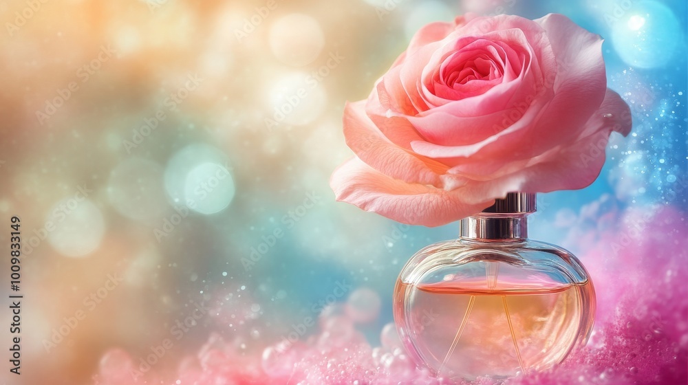 Bottle perfume flower on a colored background. Bottle perfume flower on a colored background.