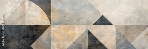 Abstract geometric shapes in neutral tones on textured paper, featuring muted whites, grays, and beiges with subtle gradients