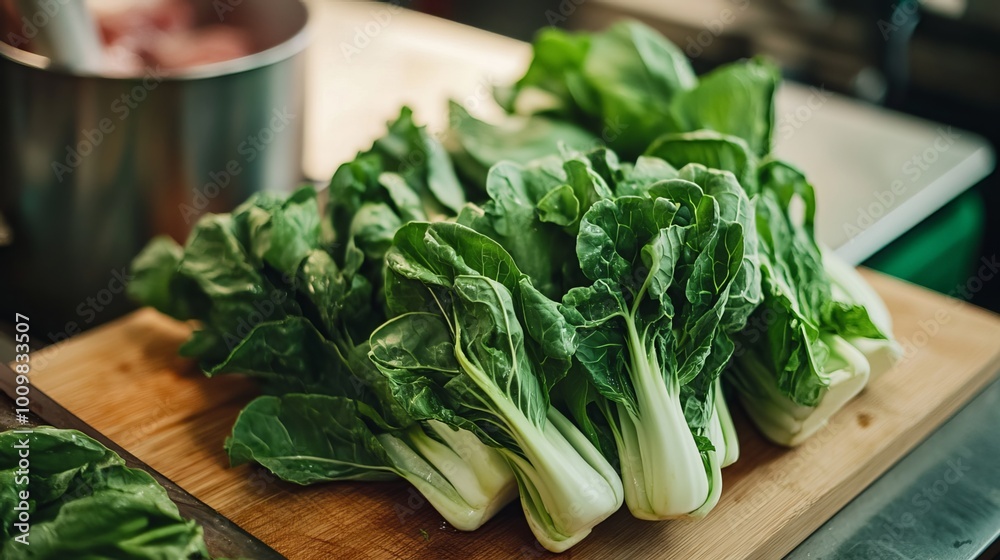 Fresh Bok Choy, also known as Chinese cabbage, is displayed on a cutting board. The image is captured from a table-top perspective, showcasing the leafy greens' vibrant hues and crisp texture. Fresh Bok Choy, also known as Chinese cabbage, is displayed on a cutting board. The image is captured from a table-top perspective, showcasing the leafy greens' vibrant hues and crisp texture.