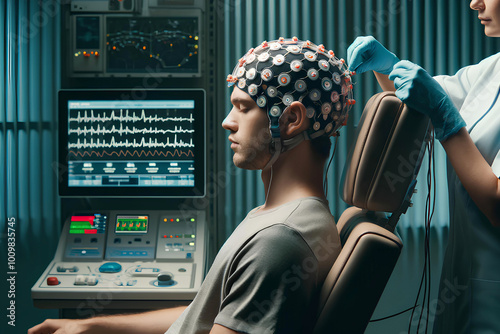 a patient in a chair undergoing an electroencephalogram (EEG)