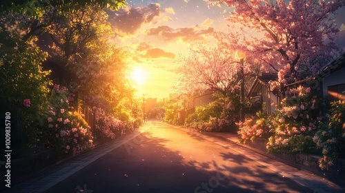 Sunset Street Scene with Sakura Trees