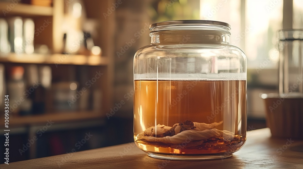 Layers of kombucha form within a spacious, three-liter glass container. This organic beverage nourishes and revitalizes, promoting well-being. Layers of kombucha form within a spacious, three-liter glass container. This organic beverage nourishes and revitalizes, promoting well-being.