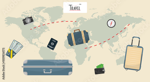 World map travel concept with luggage and icons