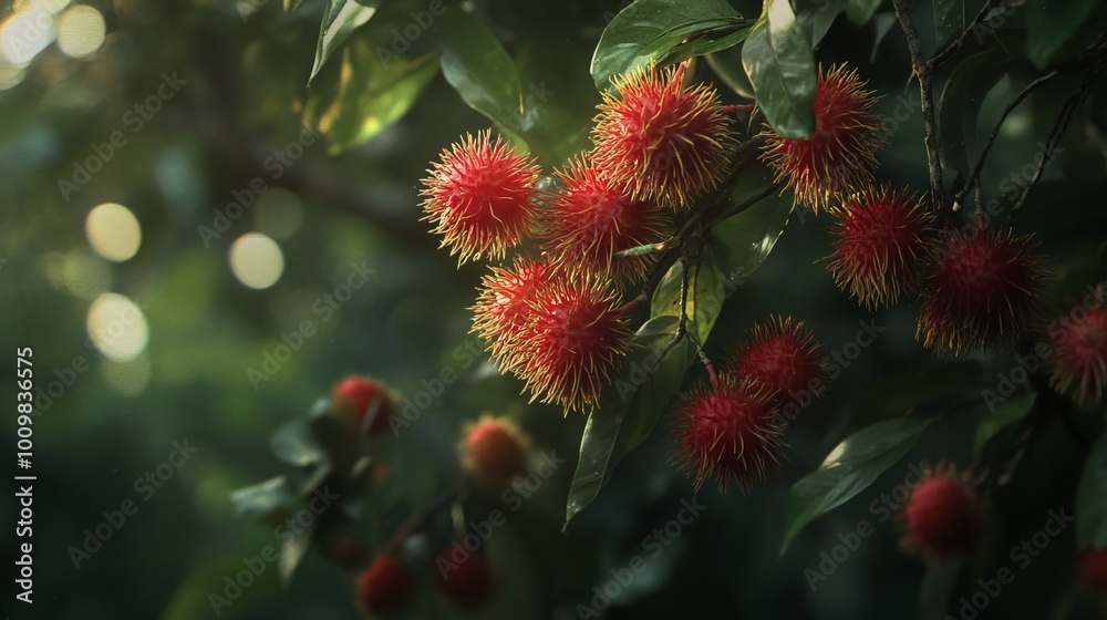Nestled amidst the verdant jungle, a cluster of sweet and succulent rambutans adorns a tree. Their crimson shells, partially peeled, reveal the delicate and translucent flesh within Nestled amidst the verdant jungle, a cluster of sweet and succulent rambutans adorns a tree. Their crimson shells, partially peeled, reveal the delicate and translucent flesh within