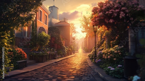 Cobblestone Street at Sunset