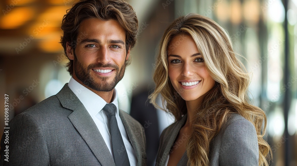 Elegant couple smiling in business attire at a modern venue during a networking event in the afternoon sunlight Elegant couple smiling in business attire at a modern venue during a networking event in the afternoon sunlight