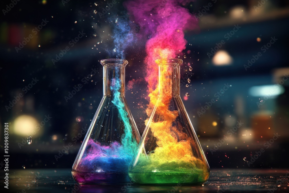 Fototapeta premium Colorful chemical reactions with billowing smoke in laboratory beakers creating a visually striking science experiment scene