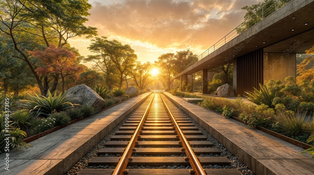 Fototapeta premium Scenic railway station at sunrise with golden light shining on the tracks surrounded by lush greenery.