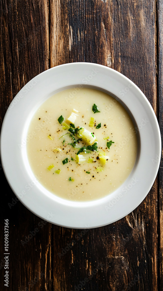 Hearty bowl of creamy potato leek soup is garnished with fresh herbs and presented on a rustic wooden table Hearty bowl of creamy potato leek soup is garnished with fresh herbs and presented on a rustic wooden table
