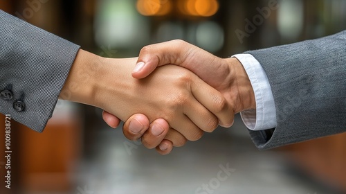 Business partners engage in a firm handshake to seal a deal in a modern office setting during daytime