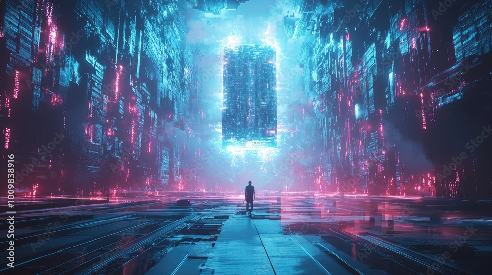 A lone figure walks towards a glowing city in a futuristic neon landscape. A lone figure walks towards a glowing city in a futuristic neon landscape.