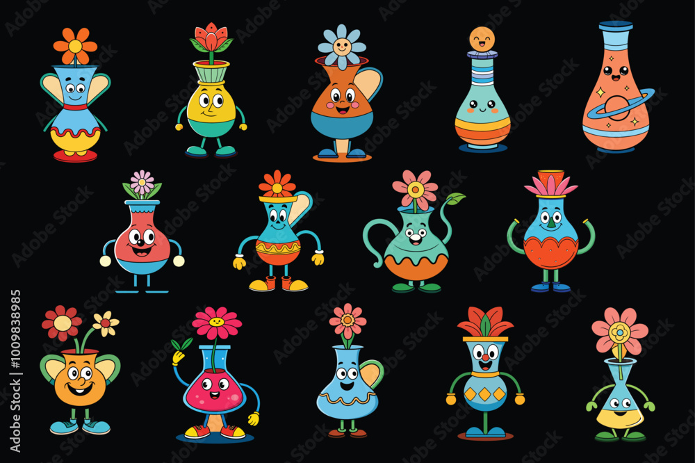 Fototapeta premium creative and unique cartoon vase with cute flower vector art illustration