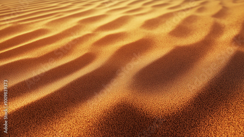 Sunlit desert sand dunes with smooth ripples and shadows