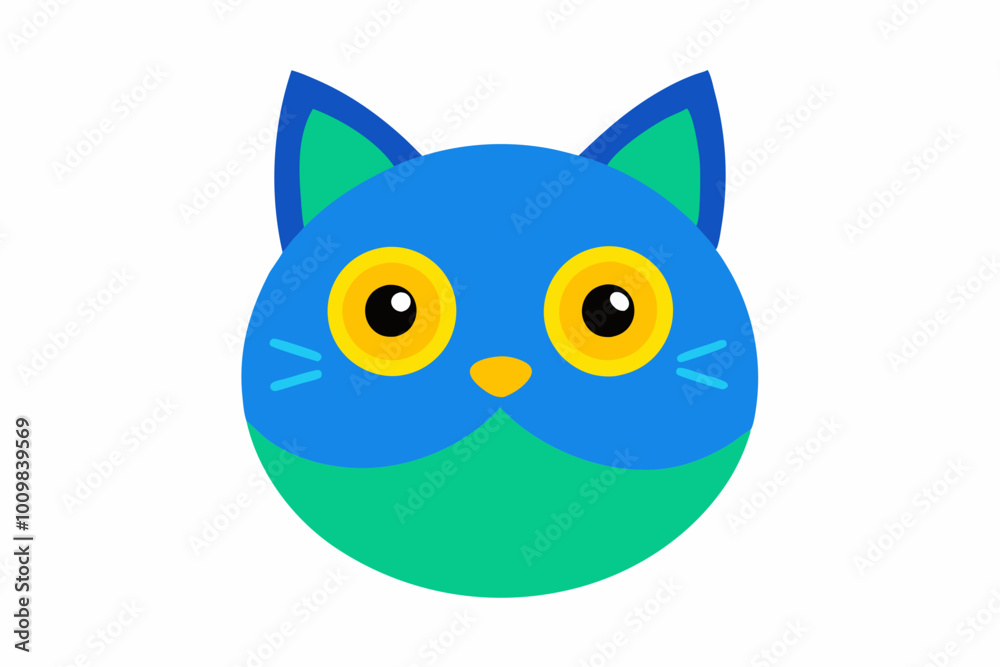 Obraz premium Halloween Cat round face . Black silhouette icon. Kitten with big yellow, blue, green eyes. Cute cartoon funny pet character. Pink ears, nose, cheek. Funny kawaii animal. Flat design. 