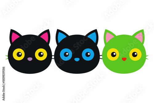 Halloween Cat round face . Black silhouette icon. Kitten with big yellow, blue, green eyes. Cute cartoon funny pet character. Pink ears, nose, cheek. Funny kawaii animal. Flat design. 