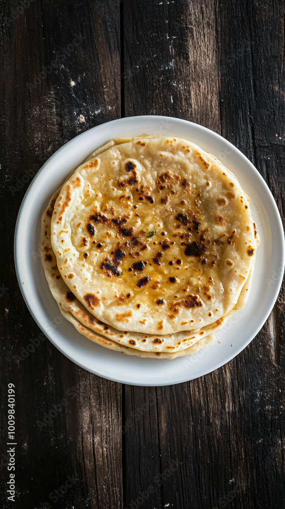 Delicious-looking flatbreads with butter are lying on a white plate on an old wooden table