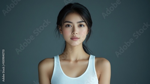 Health and Medicine Concepts - A woman wearing a white t-shirt in support of breast cancer.