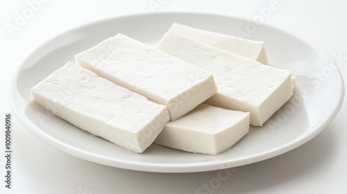 Soft and tender tofu slices, made from fresh soybeans, arranged on a white plate, ready to be savored. 