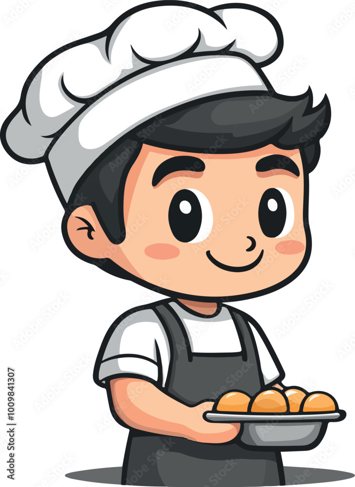 Adorable cartoon-style illustration of a young chef holding a tray of baked goods, smiling happily, symbolizing culinary creativity and joy Adorable cartoon-style illustration of a young chef holding a tray of baked goods, smiling happily, symbolizing culinary creativity and joy
