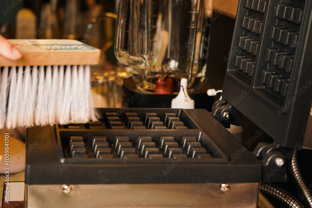 Work surface of an electric waffle maker. Filthy waffle maker. Dirty waffle maker with burnt batter to the surface. Cleaning waffle maker. Cleaning kitchen.