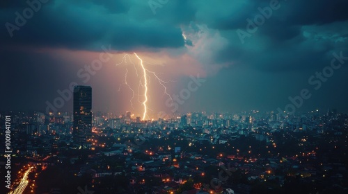 Lightning bolt strikes urban skyline during dramatic thunderstorm, illuminating cityscape against moody teal sky