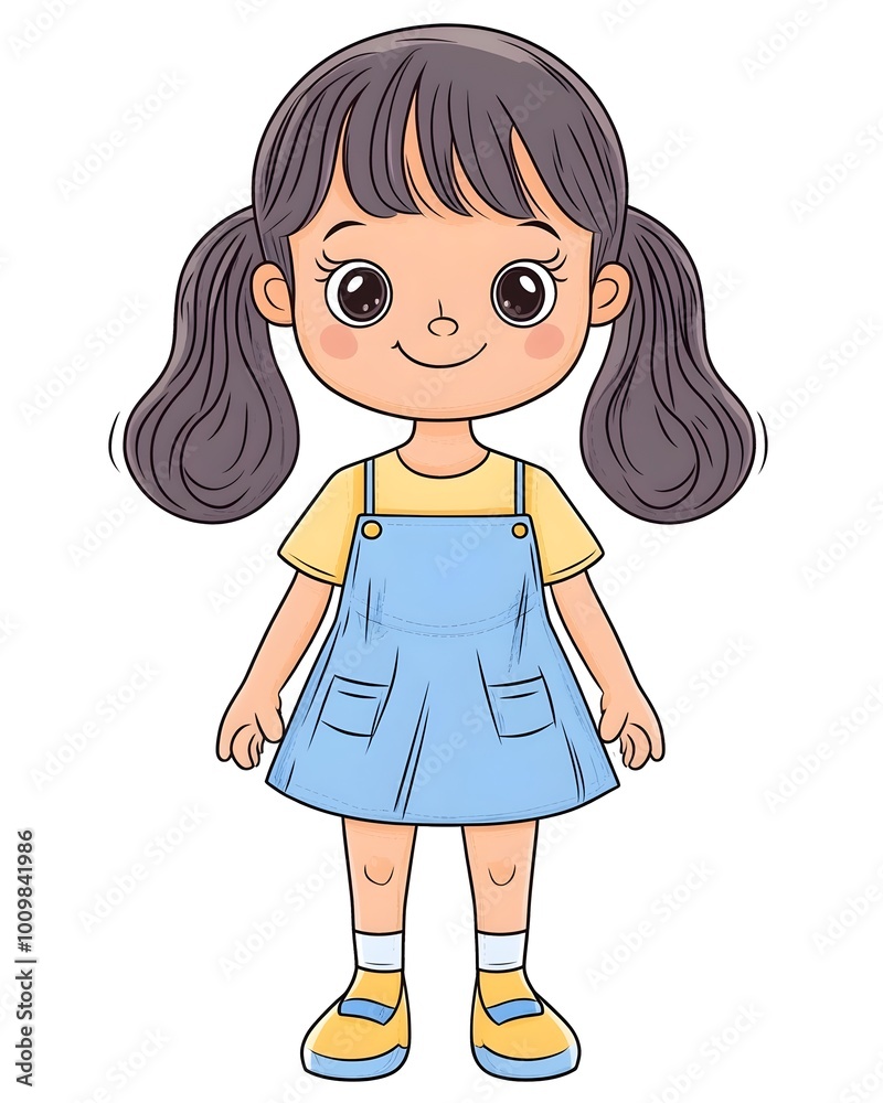 Adorable cartoon illustration of a young girl with pigtails wearing a blue jumper and yellow shirt, smiling cheerfully. Adorable cartoon illustration of a young girl with pigtails wearing a blue jumper and yellow shirt, smiling cheerfully.