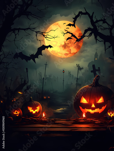 Spooky Halloween Scene with Jack-O'-Lantern, Full Moon, and Graveyard photo