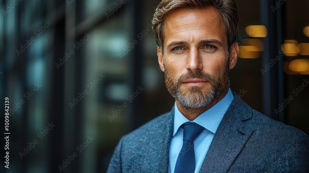 A confident businessman with a beard in a tailored suit stands outside a modern building during daylight hours A confident businessman with a beard in a tailored suit stands outside a modern building during daylight hours
