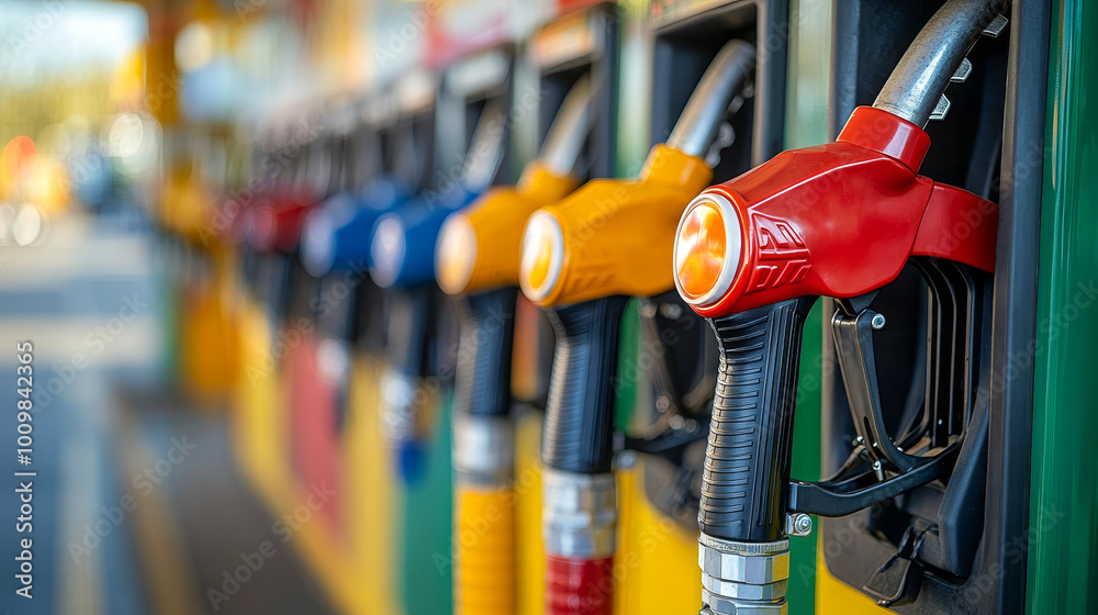 Colorful fuel pump nozzles at a gas station, poised to fill vehicles with gasoline or diesel, captured in close-up Colorful fuel pump nozzles at a gas station, poised to fill vehicles with gasoline or diesel, captured in close-up