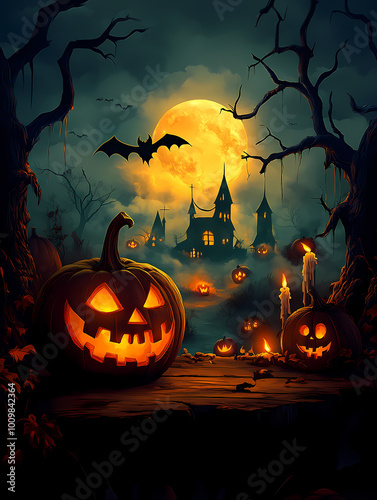 Spooky Halloween Scene with Jack-O'-Lantern, Full Moon, and Graveyard photo