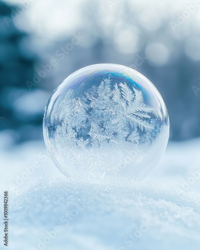 Delicate frost patterns adorn a fragile soap bubble frozen in time, creating a mesmerizing winter snow globe effect against a blurred icy background.