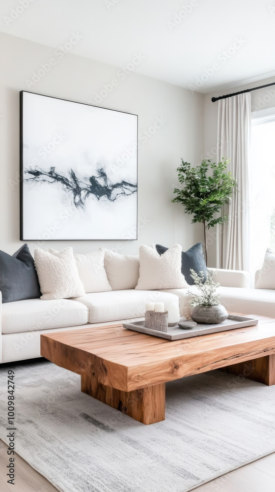 Fototapeta premium Modern living room with a wooden coffee table and a white sofa.