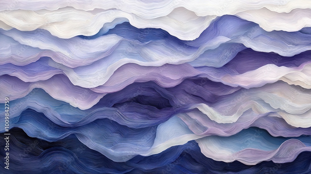 Obraz premium A tranquil seascape featuring blue, white, and purple waves against a white and blue backdrop, framed by a deep black bottom corner