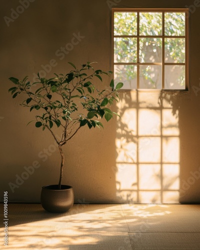 Sunlight streams through window, casting warm glow on potted plant in serene, minimalist interior
