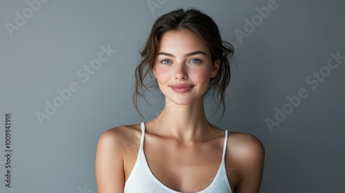 Health and Medicine Concepts - A woman wearing a white t-shirt in support of breast cancer.