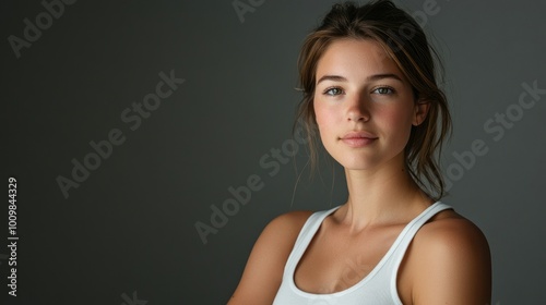 Health and Medicine Concepts - A woman wearing a white t-shirt in support of breast cancer.