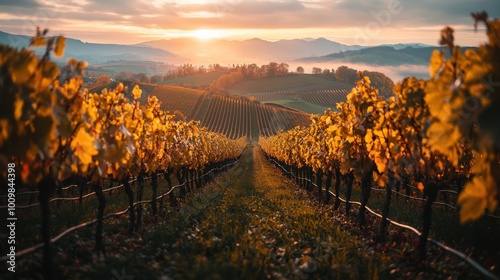 Golden vineyard rows stretch towards misty mountains at sunset, autumn leaves glowing in warm light