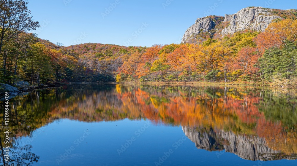 Tranquil autumn lake reflecting vibrant fall foliage and rugged mountain cliffs under clear blue sky Tranquil autumn lake reflecting vibrant fall foliage and rugged mountain cliffs under clear blue sky