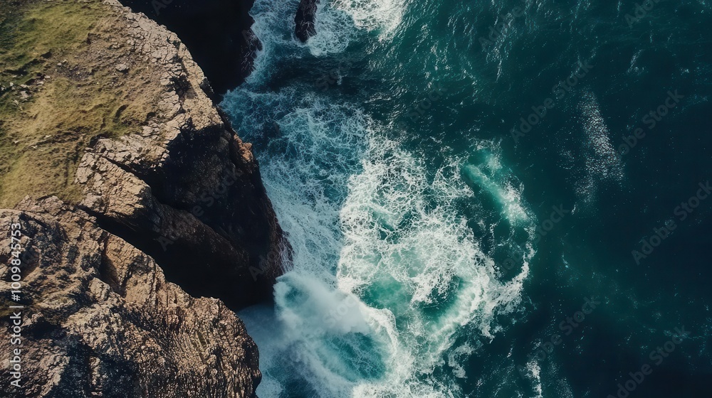 Aerial view of rocky coastline with crashing waves and deep blue ocean. Aerial view of rocky coastline with crashing waves and deep blue ocean.