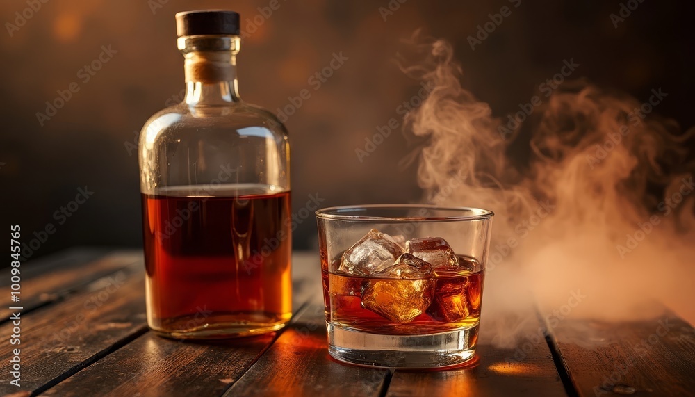 Premium whiskey and glass on bar table Premium whiskey and glass on bar table