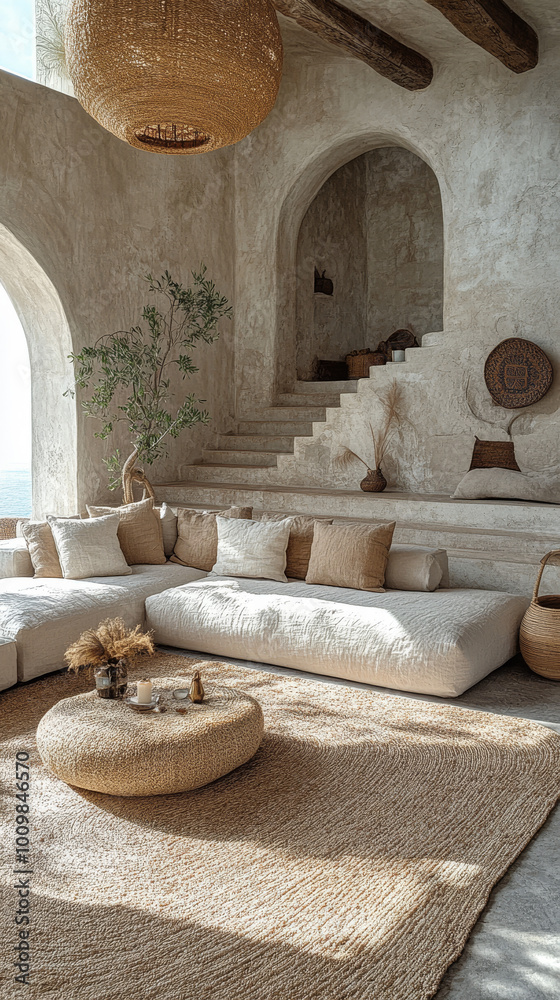 Minimalist living room with a large, white sectional sofa, a woven coffee table, and a large, woven light fixture. Minimalist living room with a large, white sectional sofa, a woven coffee table, and a large, woven light fixture.