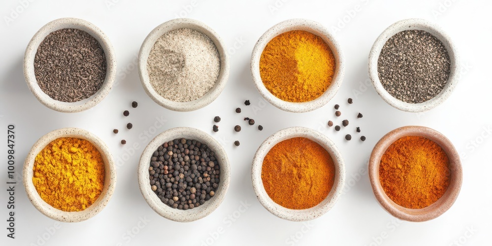 An arrangement of spices in bowls, showcasing vibrant colors and textures for culinary use. An arrangement of spices in bowls, showcasing vibrant colors and textures for culinary use.