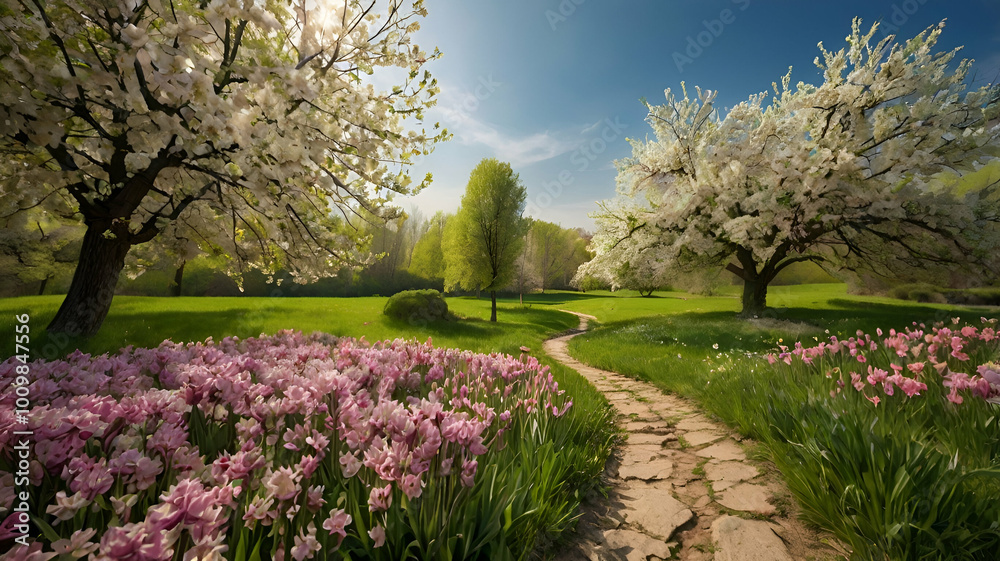 spring time landscape in the park with cherry blossom trees spring time landscape in the park with cherry blossom trees