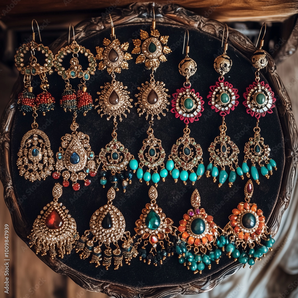 A variety of Indian earrings, from Jhumkas to chandbalis, beautifully arranged on a velvet tray for display