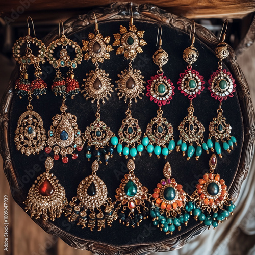 Obraz na płótnie A variety of Indian earrings, from Jhumkas to chandbalis, beautifully arranged on a velvet tray for display w salonie