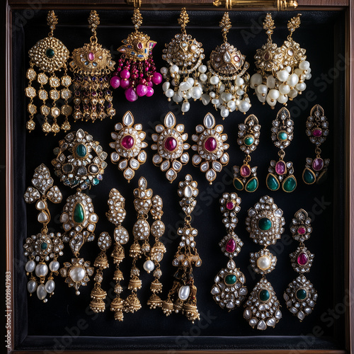 Obraz na płótnie A variety of Indian earrings, from Jhumkas to chandbalis, beautifully arranged on a velvet tray for display w salonie