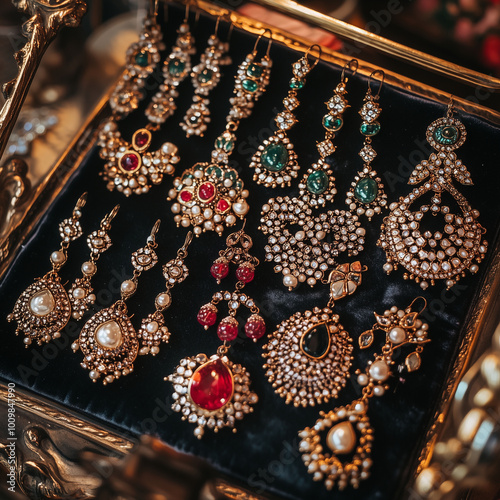 Obraz na płótnie A variety of Indian earrings, from Jhumkas to chandbalis, beautifully arranged on a velvet tray for display w salonie